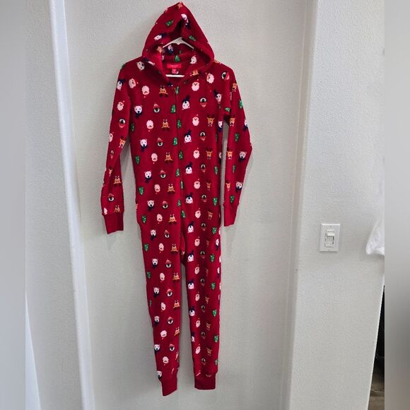 Christmas onesie Pj's red with xmas print and hood women's XS like new - Picture 1 of 3